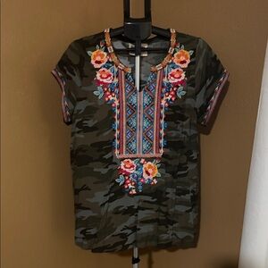 Savanna Jane Camouflage Blouse with Floral Embroidery